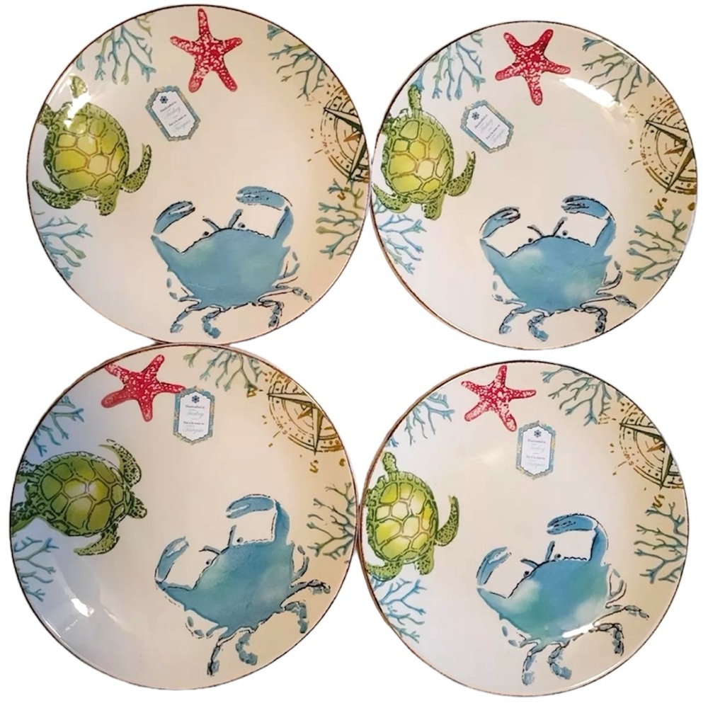 4ct Papart Seramik 10.5" DINNER PLATES Crab Coastal Nautical Hand Painted